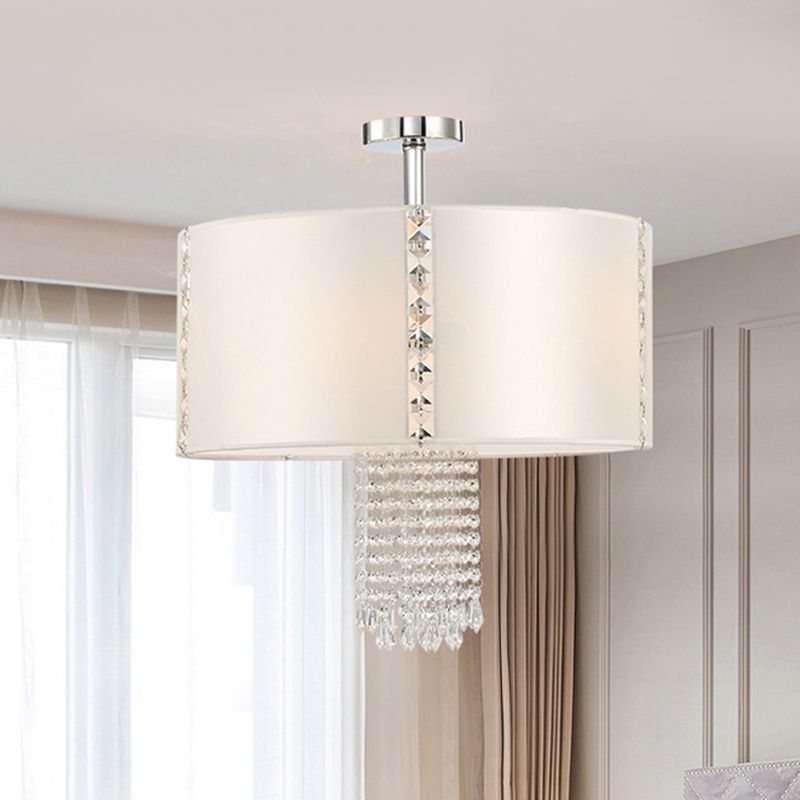 Contemporary 5 Lights Chandelier with Fabric Shade White Round Drop Pendant with Crystal Beans