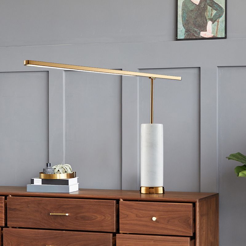 Metallic L-Shaped LED Nightstand Lamp Postmodern Gold Table Light with Cylindrical Marble Base