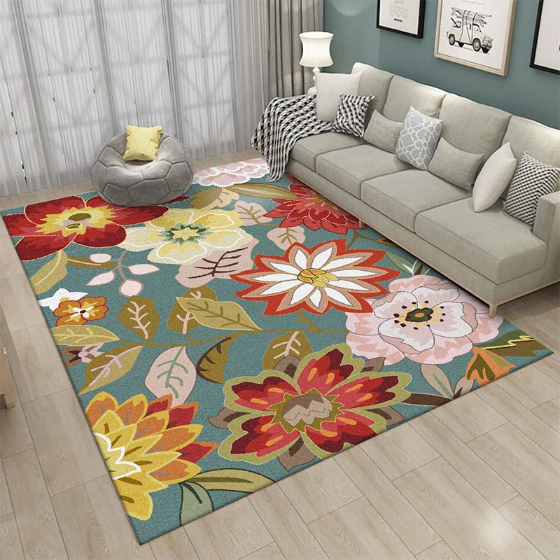 Blue Vintage Rug Polyester Floral Pattern Rug Washable Non-Slip Backing Carpet for Living Room