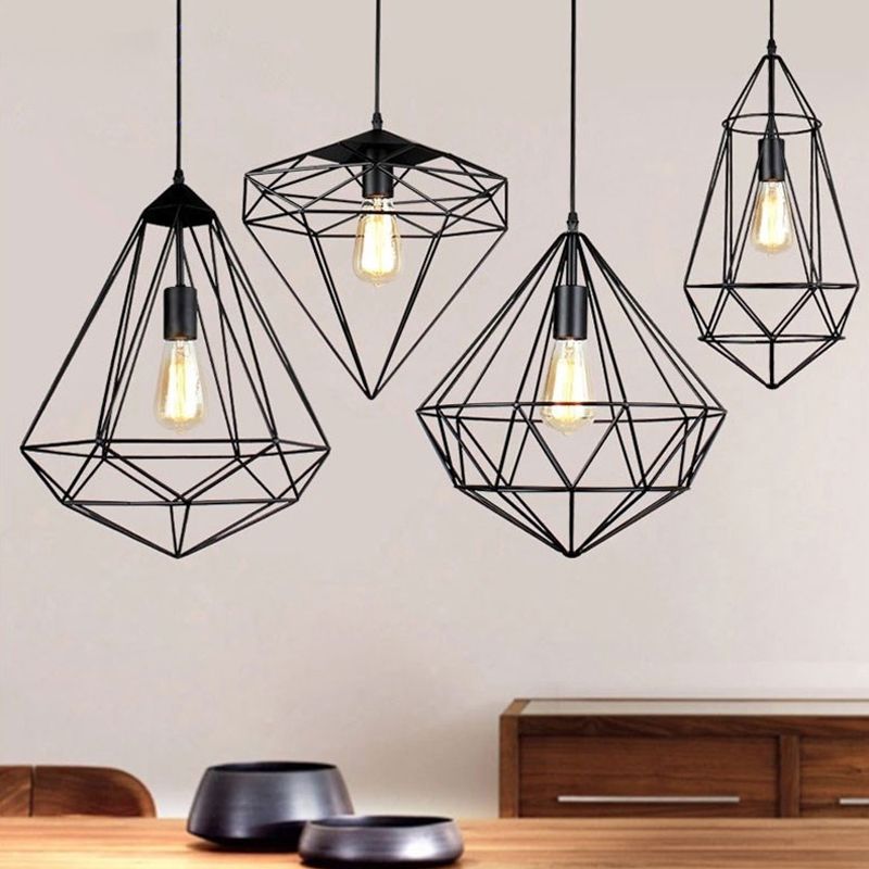 Diamond Cage Iron Hanging Lamp Vintage Single-Bulb Dining Room Hanging Light in Black