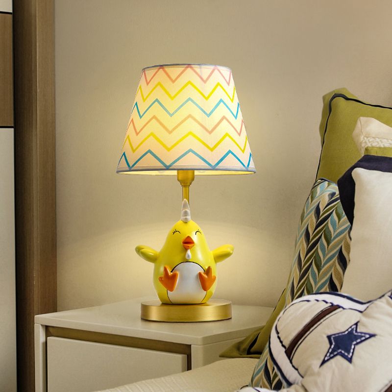 Cartoon Chicken Nightstand Lamp Resin Single-Bulb Bedside Table Light with Tapered Fabric Shade