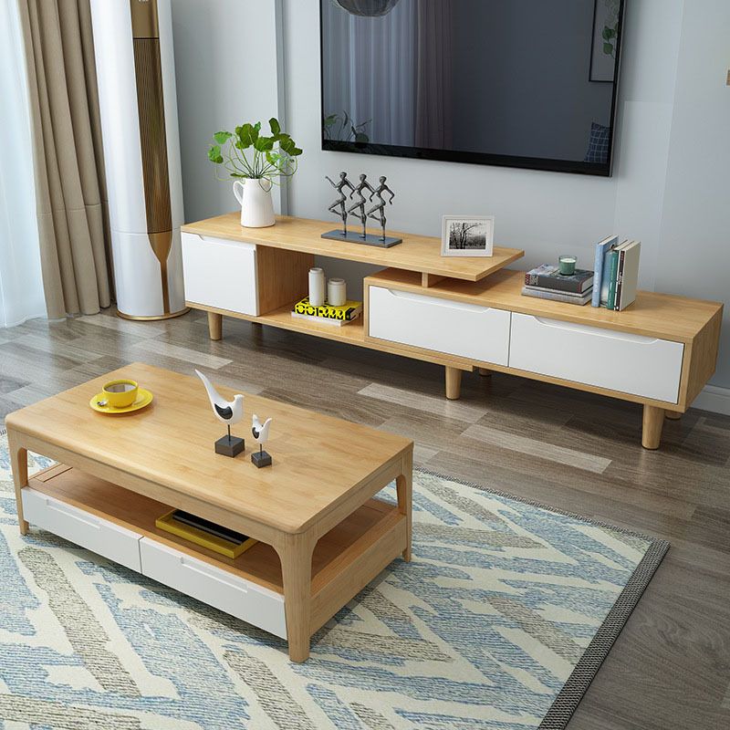 Modern Media Console 2 Drawers Rubber Wood TV Console with Doors