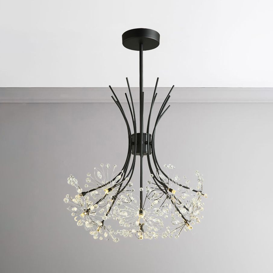 Clear Crystal Beaded Chandelier Lighting with Bouquet Design Modern 13/19 Lights Black/Chrome Hanging Lamp