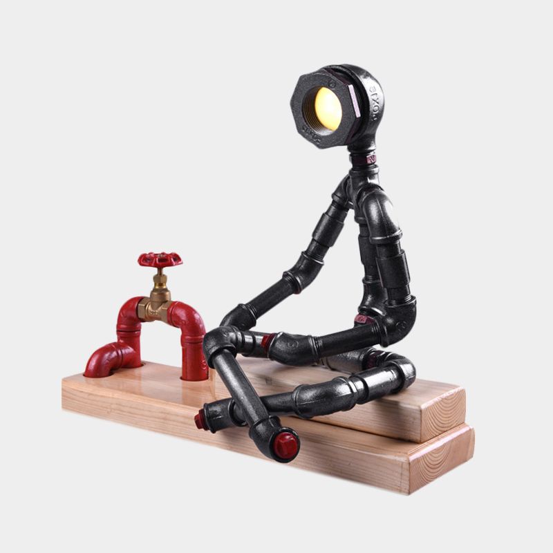 Iron Cross Legged Thinker Table Light Industrial LED Bedroom Night Lamp in Black with Valve Deco and Rectangle Wood Base