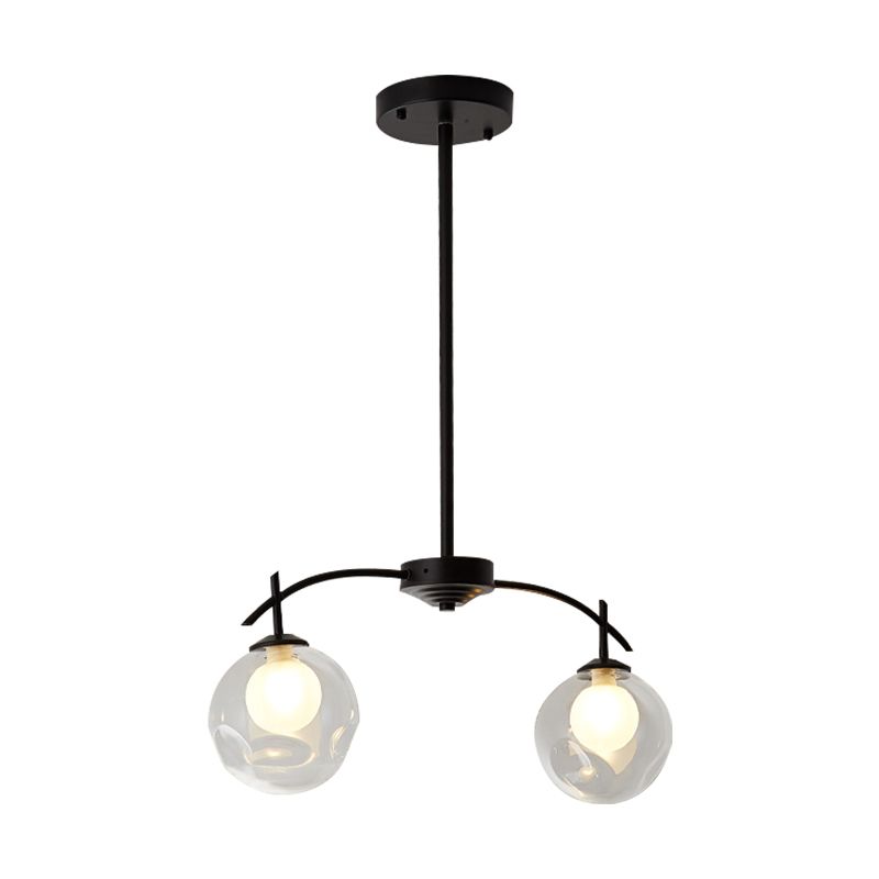 Black Finish Pendant Light Two-Light Modern Simple Metal and Clear Glass Chandelier for Corridor