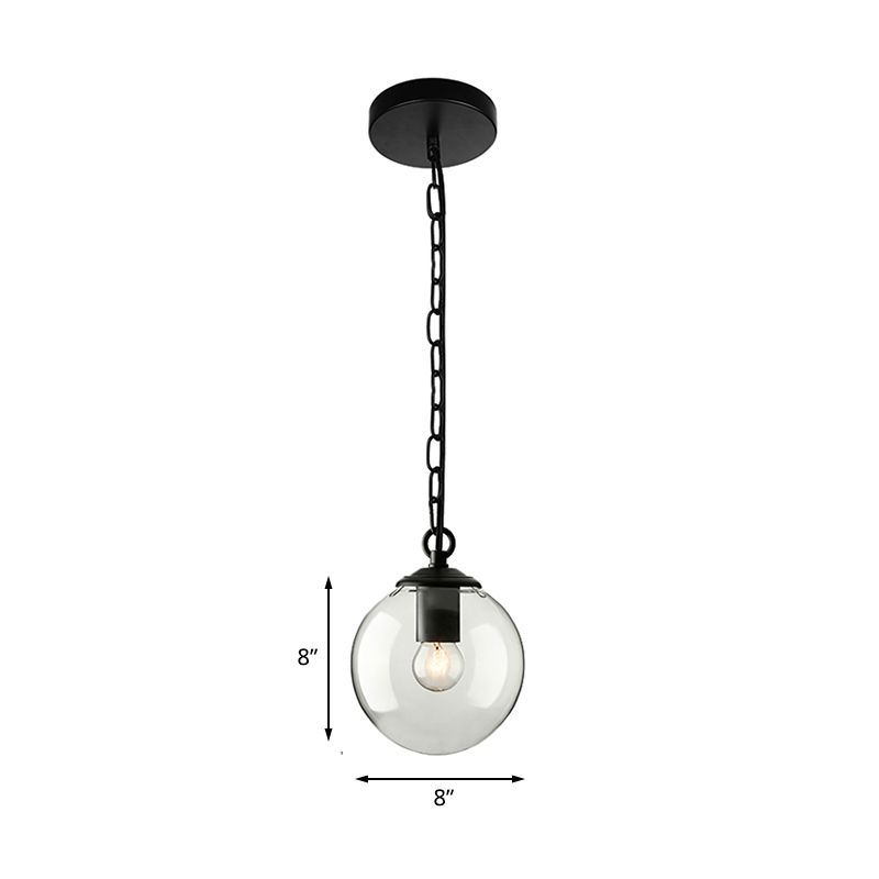 Black Globe Pendant Ceiling Light Farmhouse Clear Glass Single-Bulb Dining Room Hanging Lamp with Chain, 8"/10"/12" Wide