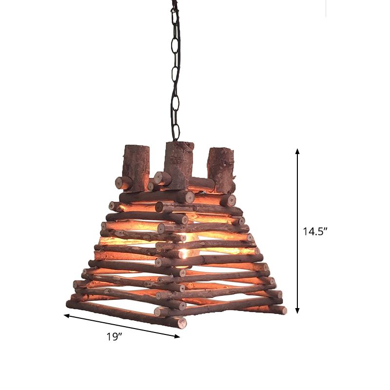 Chinees 1 hoofd hangend licht roodbruine trapezoid gesuspendeerd verlichtingsarmatuur met houten schaduw