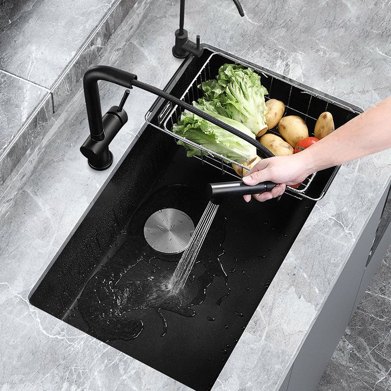 Contemporary Black Sink Single Bowl Overflow Hole Kitchen Sink with Faucet