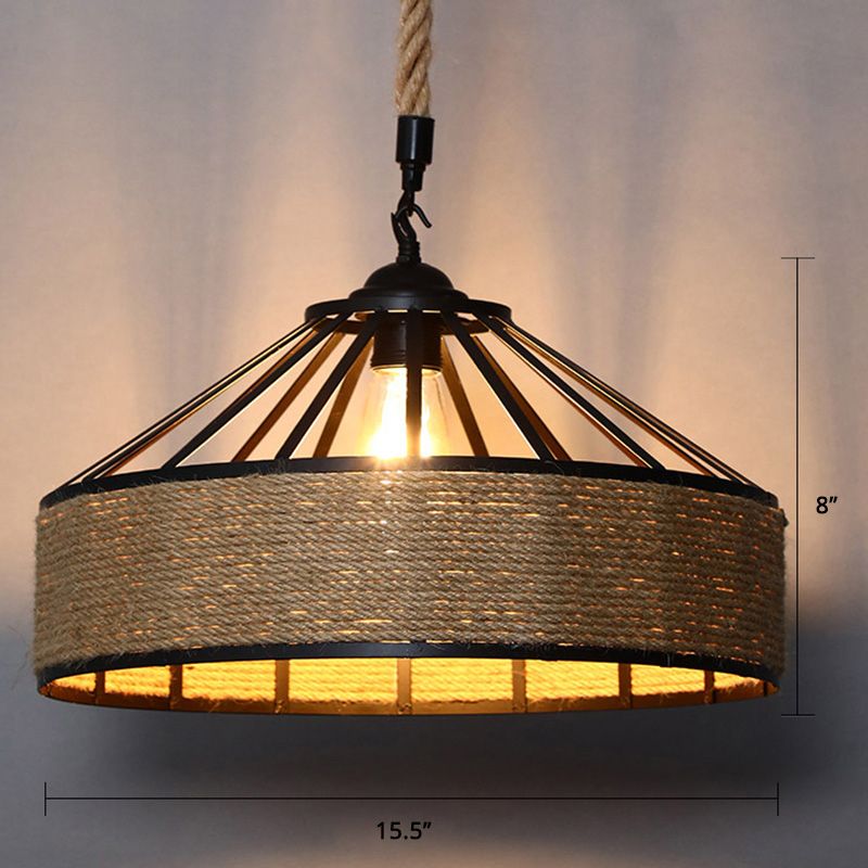 Conical Cage Restaurant Hanglight Farmhouse Hemp Rope 1 Bulb Bruine Drop Pendant