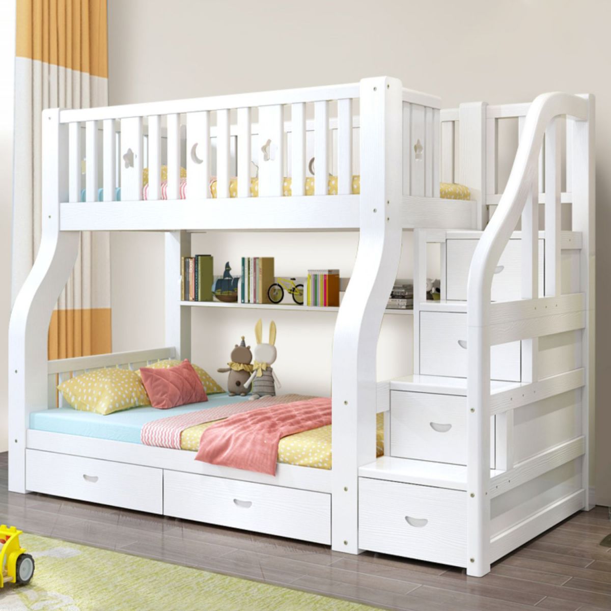 Solid Wood Bunk Bed Tall Clearance Scandinavian Kids Bed with Drawers