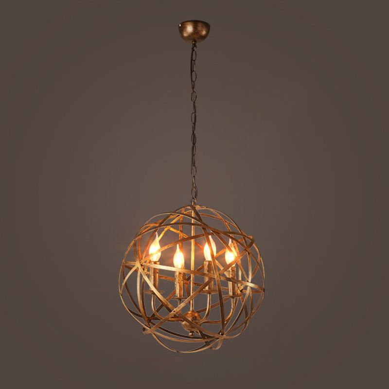 Industrial Orb Single Pendant Light Strap Globe Metal Cage Shade Hanging Lamp for Living Room