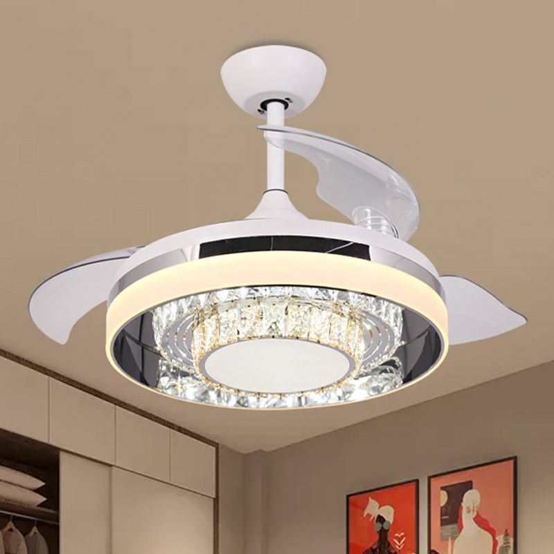 White LED Pendant Fan Light Contemporary Faceted Crystals Circular 3 Blades Semi Flush Light, 42" W