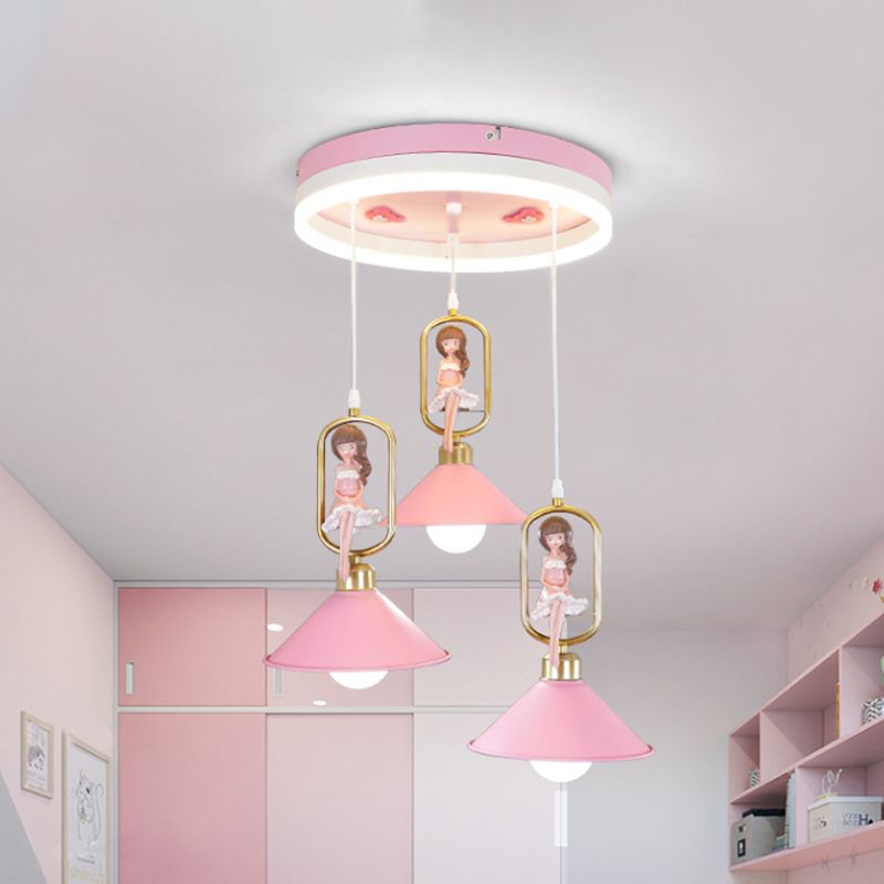 Metallic Bell Pendant Light Kit Cartoon 3 Bulb Hanging Lamp with Girl Decor in Pink