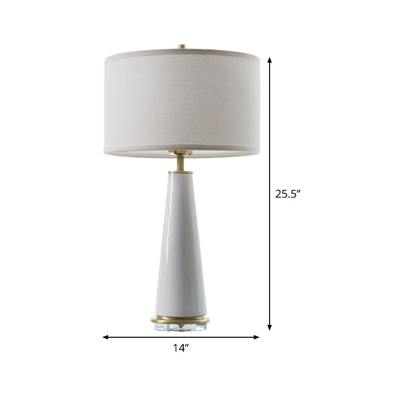 Fabric Cylinder Table Light Modern 1 Bulb Desk Lamp in White with Cone Ceramic Base