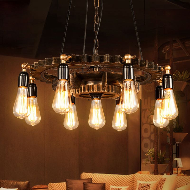 Iron Brass Chandelier Lighting Gear 9 Heads Industrial Suspension Light with Bare Bulb Design