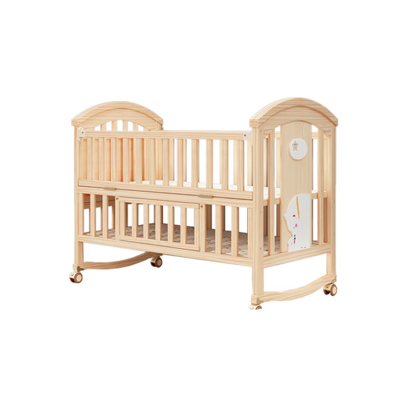 Solid Wood Convertible Baby Crib Natural Wood Crib with Casters and Storage