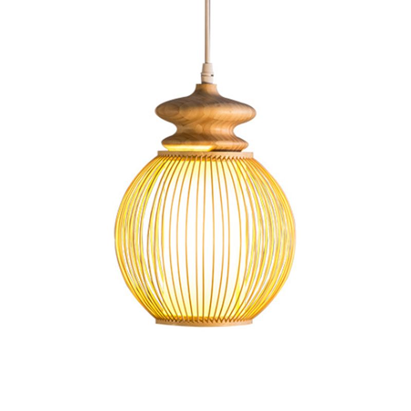 Bamboo Global Shade Hanging Lamp Asian Style 1 Light Ceiling Light Fixture with Wooden Cap in Beige, 9"/12" Dia