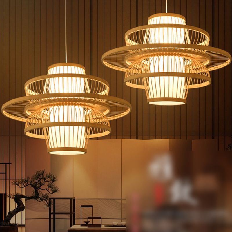 Rattan Geometric Suspension Light 1 Light Hanging Lamps for Restaurant