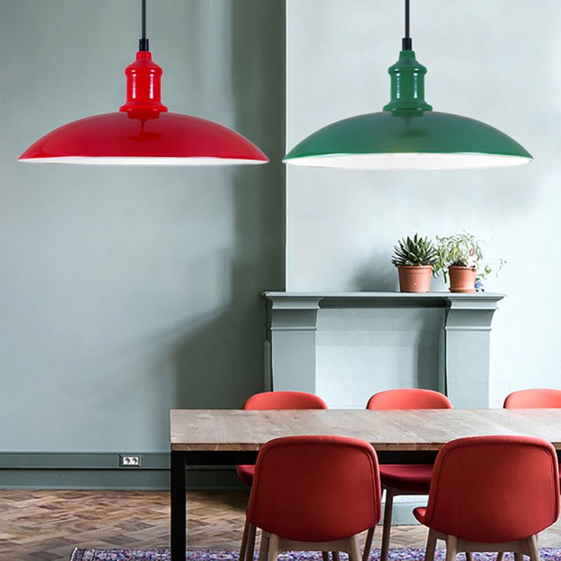 Green/Red Bowl Hanging Lamp Industrial Metal 1 Light Living Room Ceiling Pendant Light, 12.5"/16" Width