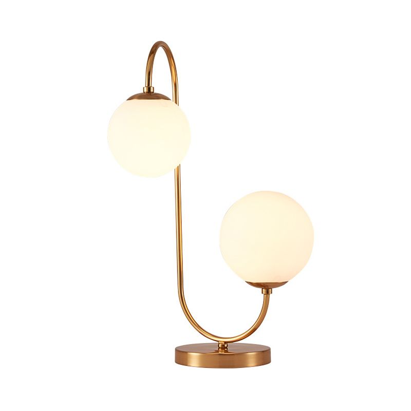 S/C Shaped/Bend Bedside Table Light Metal 1/2-Head Designer Night Lamp in Gold with Ball Cream Glass Shade