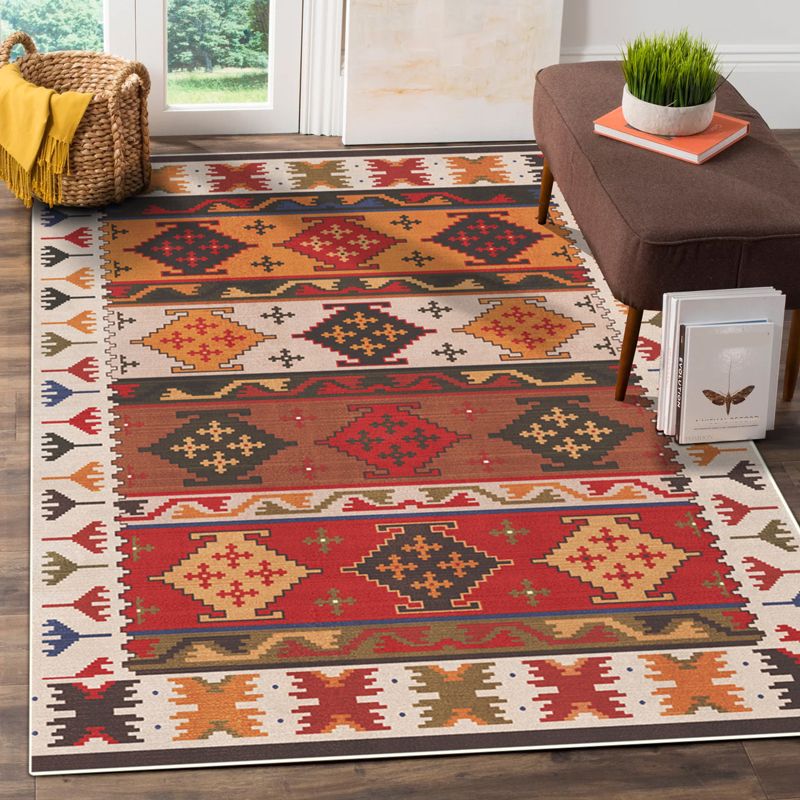 Red Southwestern Rug Polypropylene Geometric Pattern Area Carpet Non-Slip Backing Machine Washable Easy Care Indoor Rug for Parlor