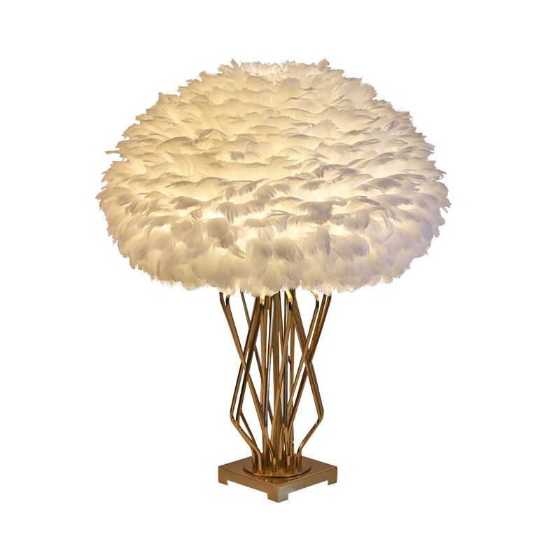 Half-Globe Feather Table Lamp Post-Modern Single White and Brass Night Light with Open Urn Shaped Base