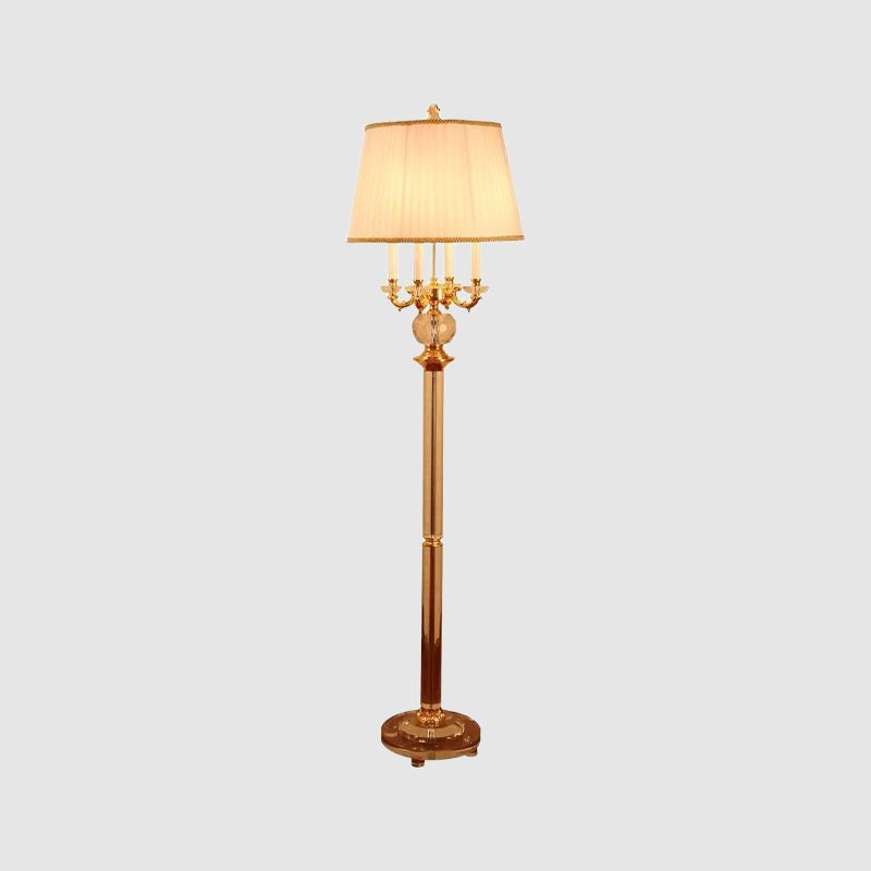 Nordic Candle Floor Light Crystal Single Bulb Gold Standing Lamp with Barrel Beige Fabric Shade