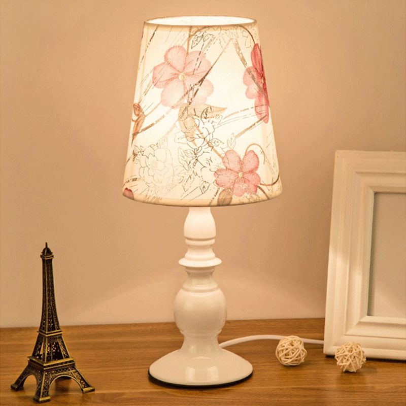 White 1��Head Table Lighting Classic Patterned Fabric Bucket Nightstand Lamp with Baluster Base