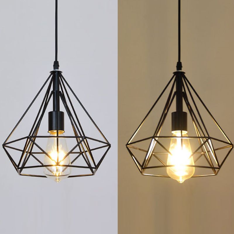 1-Light Wire Cage Pendant Lamp Industrial Black Iron Hanging Lighting for Restaurant