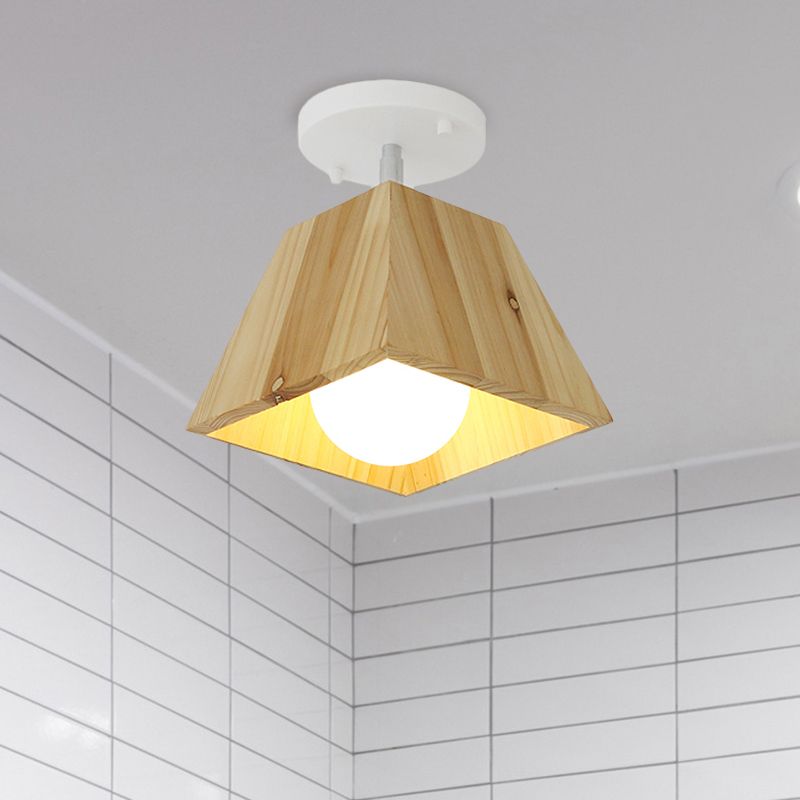 Contemporary Trapezoid Semi Flush Pendant Light 1/2/3-Head Wooden Ceiling Light Fixture in White Finish