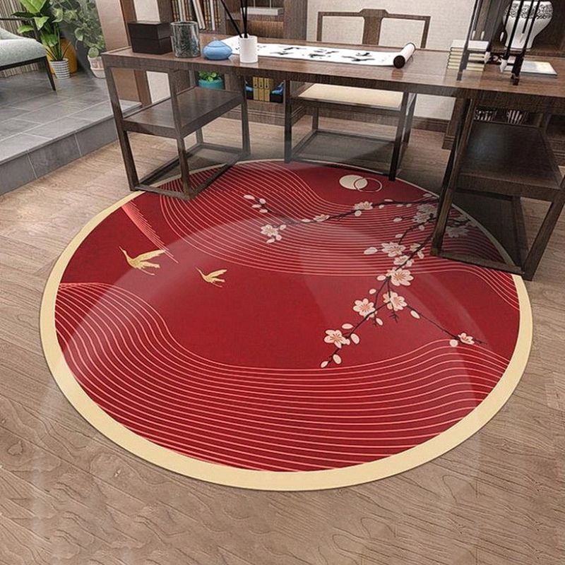 Round Red Tone Creative Area Carpet Polyester Animals Print Indoor Rug Anti-Slip Backing Carpet for Living Room