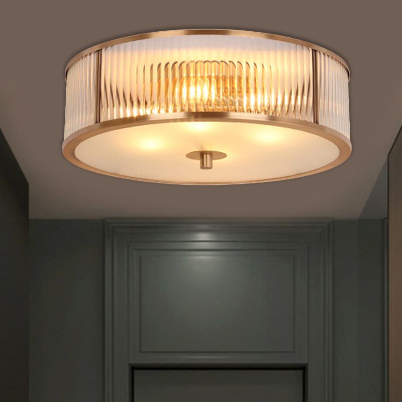 Fluted Drum Bedroom Flush Mount Antiqued Opaline Glass 3 Heads Brass Ceiling Light Fixture