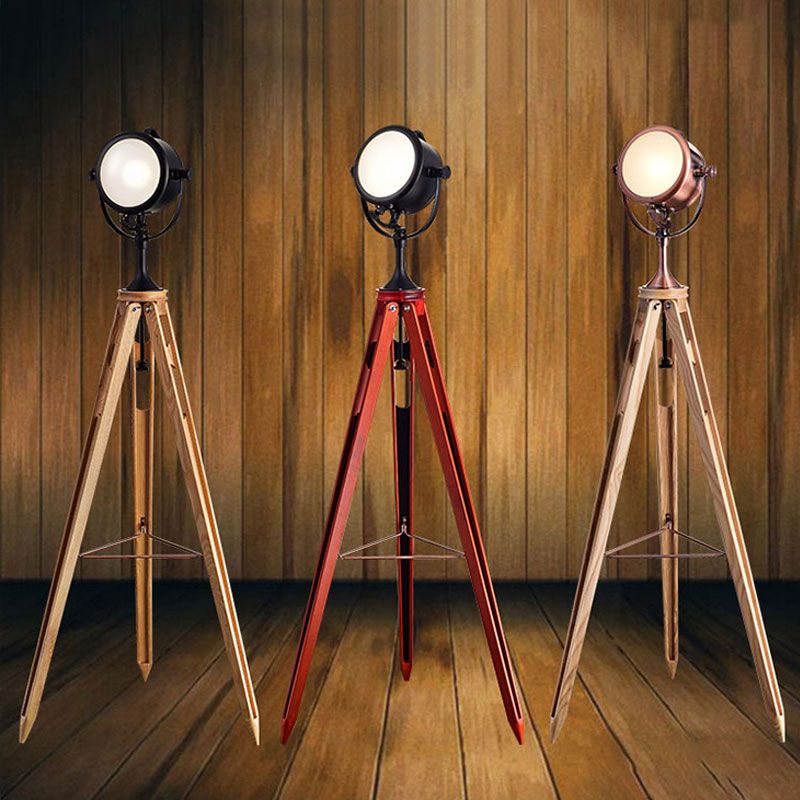 Metal Round Spotlight Floor Light Industrial 1 Head Living Room Standing Lamp with Wooden Tripod