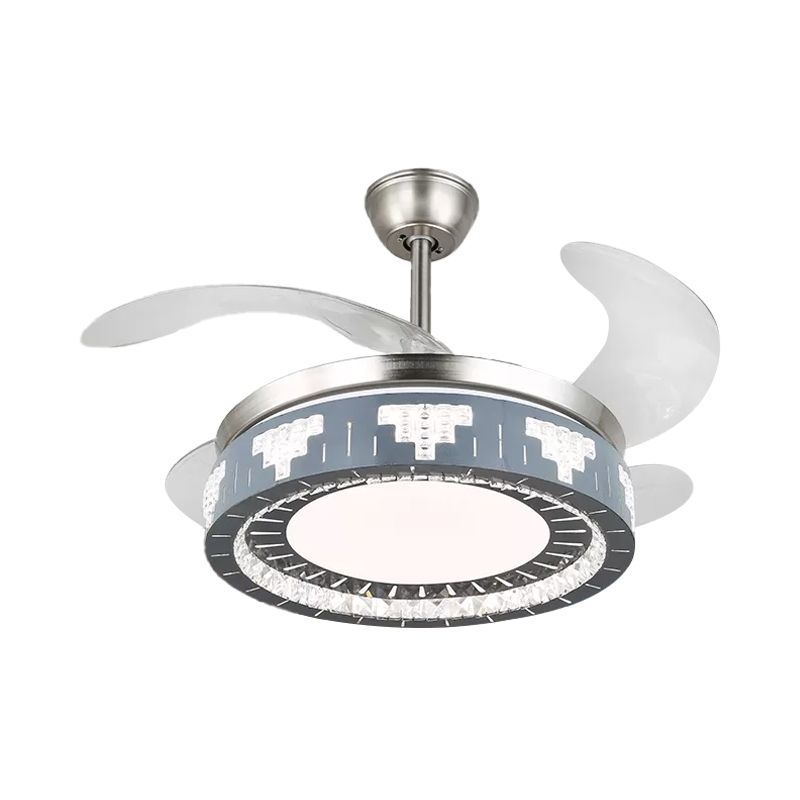 4-Blade Faceted Crystal Round Pendant Fan Light Modernity LED Silver Semi Mount Lighting, 19" Wide