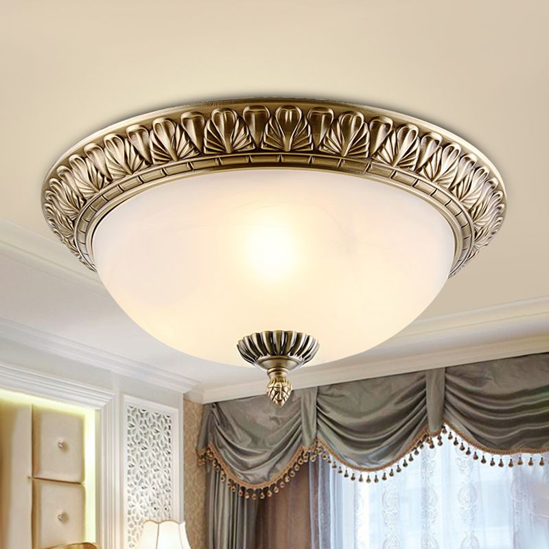 White Glass Brass Ceiling Fixture Dome 2/3-Light Retro Style Flush Mount Lighting, 12"/16"/19.5" Width