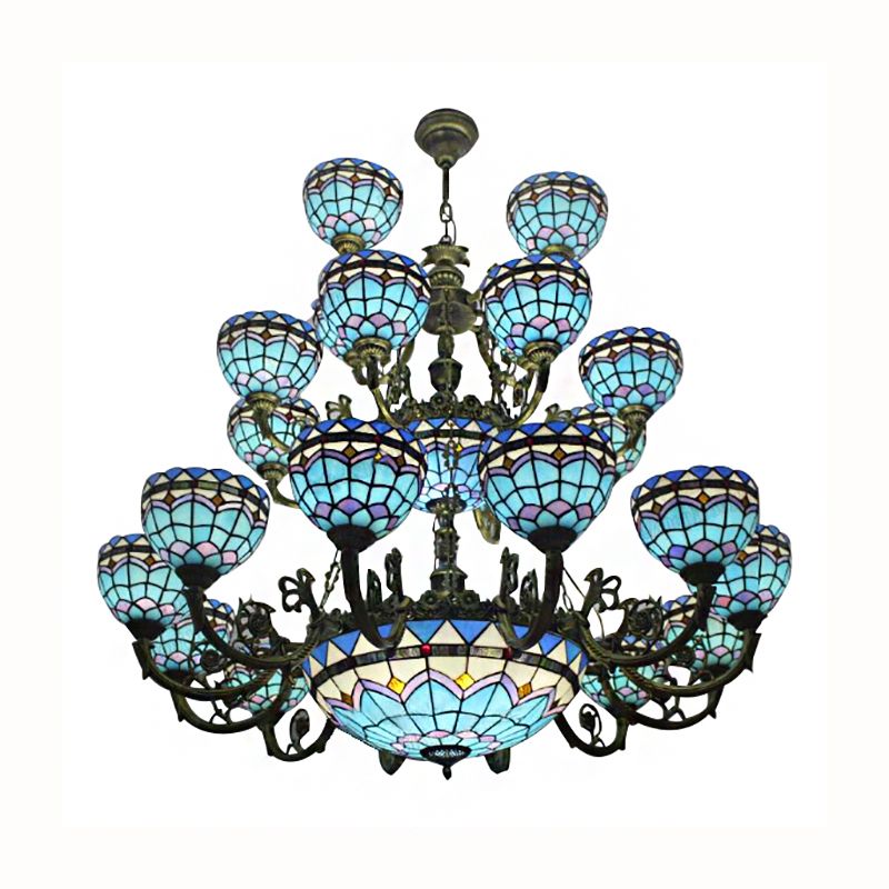 Tiffany Bowl Chandelier 3 Tiers Upward Lighting Bedroom Living Room Hanging Lighting in Bronze Finish