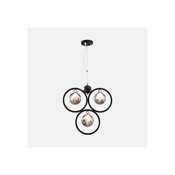 Dimpled Blown Glass Round Pendant Lighting Modern 1/2/3 Lights Led Hanging Ceiling Lamp in Black with Iron Ring