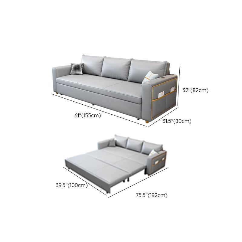 Modern Futon Sleeper Sofa Gray Upholstered with Storage Pillow Back Square Arms