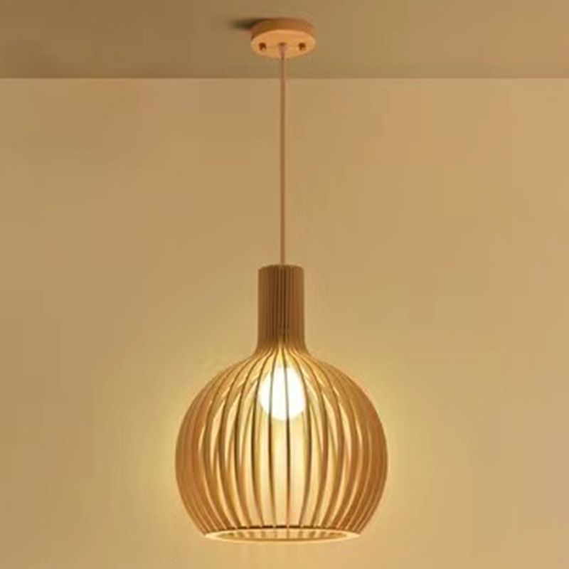 Modern Style Hanging Light Fixture 1-Light Pendant Lamp with Wooden Shade for Bedroom