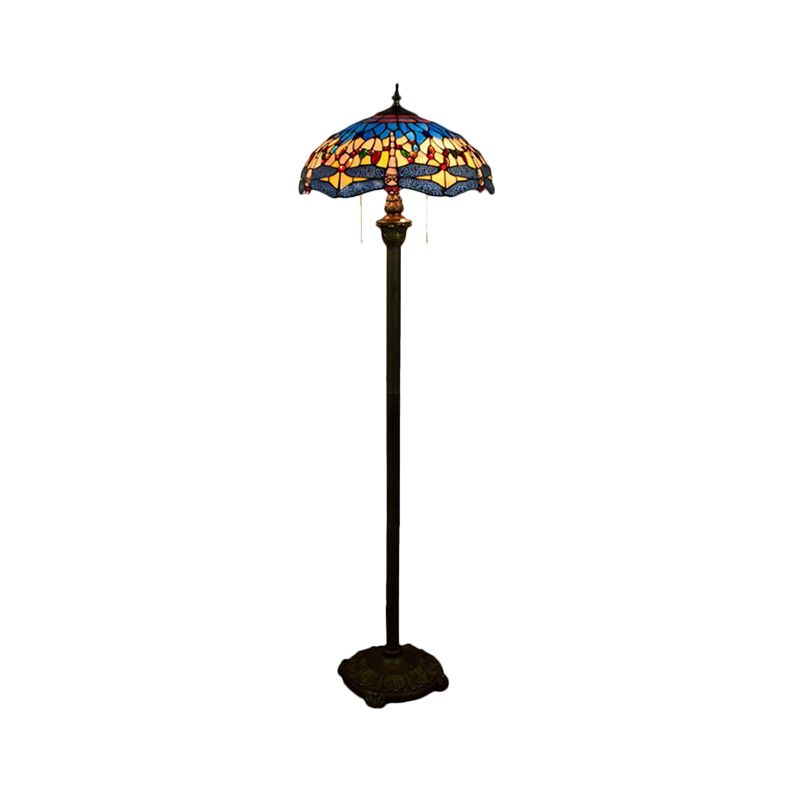 Dragonfly Floor Light 2 Heads Stained Glass Mediterranean Standing Lighting in Blue with Bowl Shade