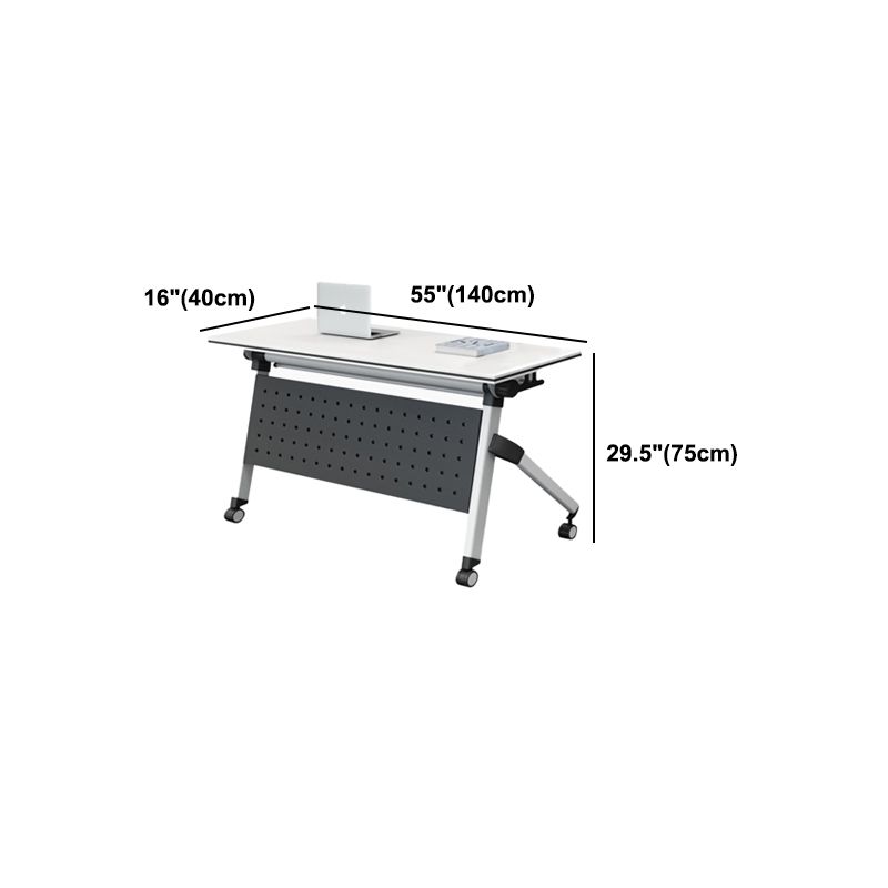 Contemporary Office Desk with Wheels White Manufactured Wood Rectangular Desk