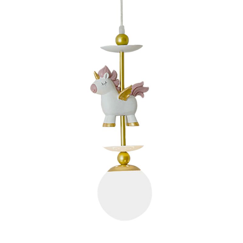 1-Light Bedside Pendant Lighting Cartoon Gold Unicorn Hanging Lamp with Sphere White Glass Shade