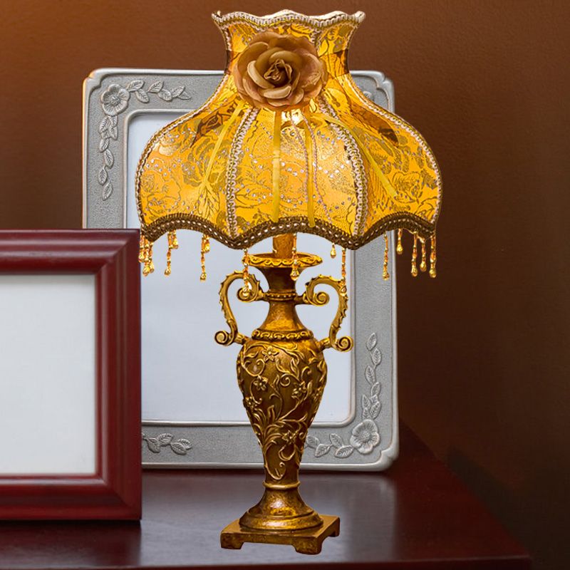 Traditional Two-Handled Vase Table Lamp 1 Bulb Resin Nightstand Light with Curved Fabric Shade in Gold