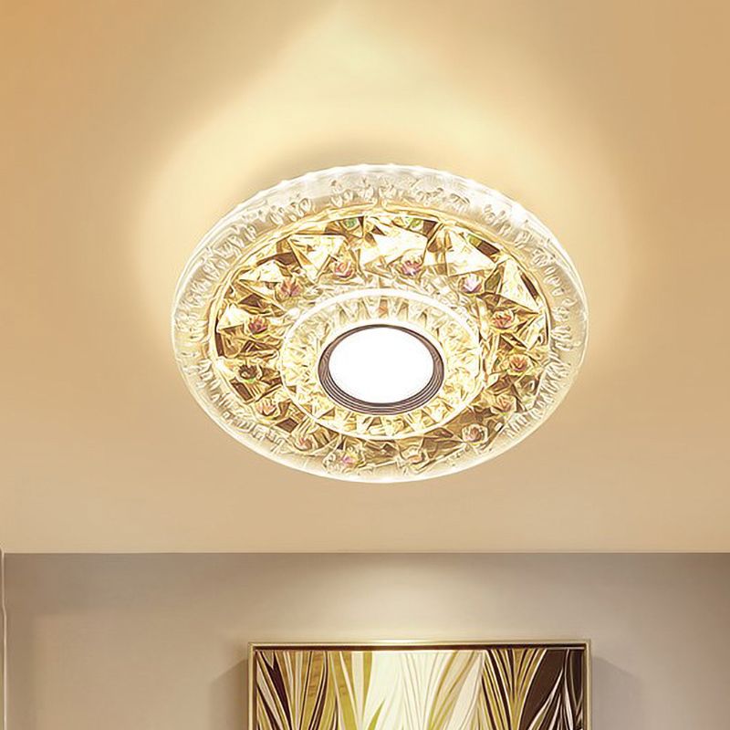 Round Mini LED Flushmount Lighting Simple Clear Triangle-Cut Crystal Flush Mount Ceiling Fixture