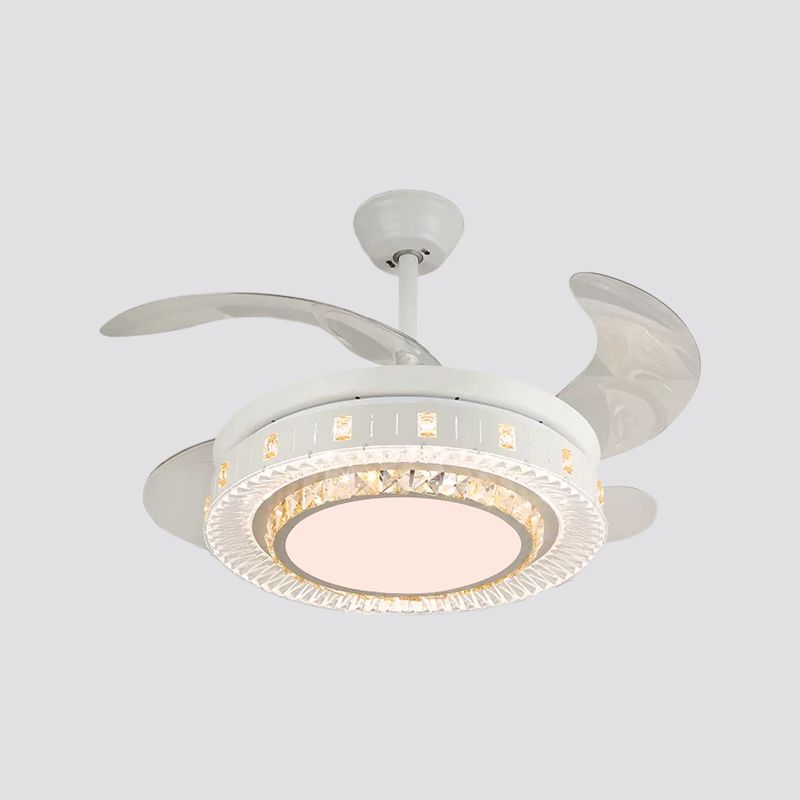 19" Wide White Layered Ceiling Fan Light Modernist LED Crystal Semi Flush Mount, 4 Blades