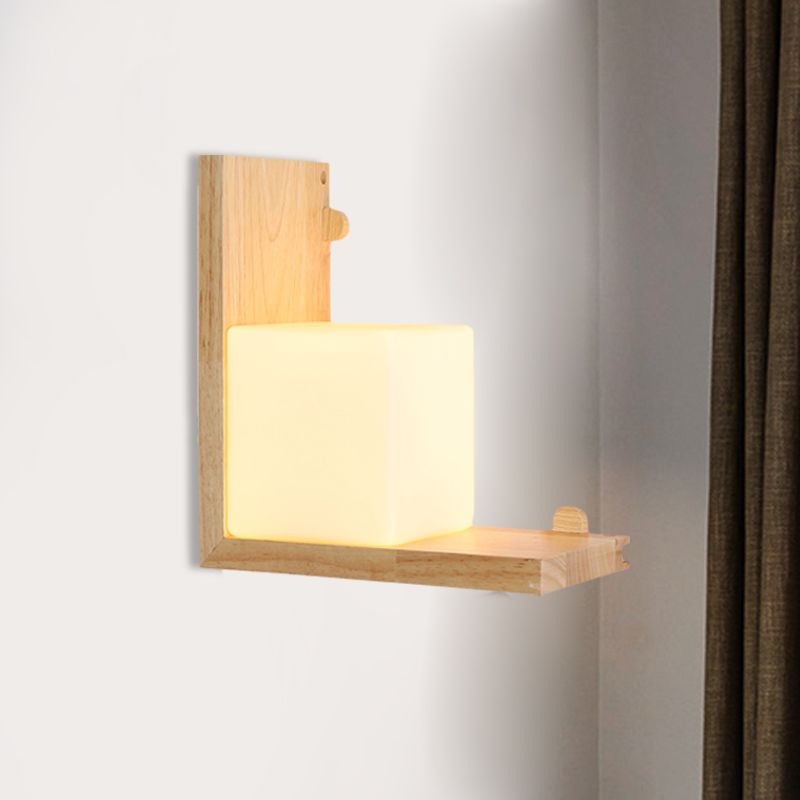 Wood Right Angle Panel Flush Wall Sconce Minimalist LED Beige Wall Light Fixture with Cube Opal Glass Shade