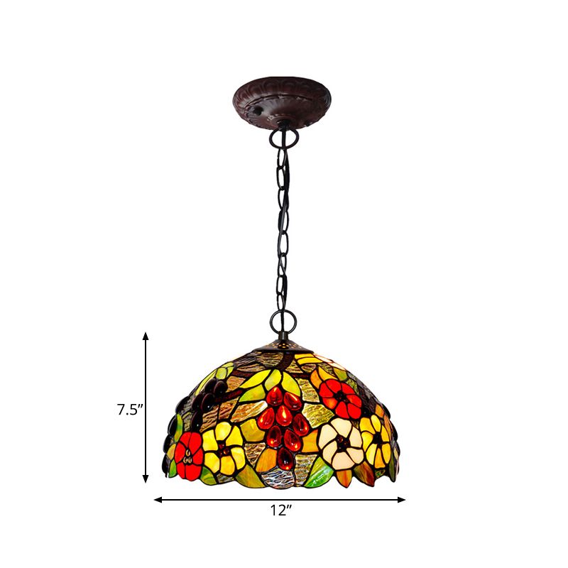 Domed Ceiling Chandelier 2 Lights Red/Green/Purple Stained Glass Tiffany Pendant Lighting Fixture