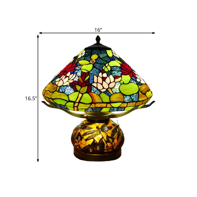 Stained Glass Conic Table Lamp Mediterranean 3 Heads Green Lotus Patterned Night Lighting for Bedroom