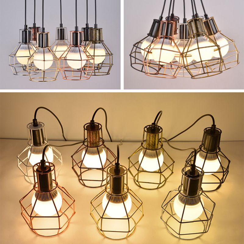 Black Multi Pendant Light Fixture Vintage Metal Wire Cage Multi Light Pendant Lighting