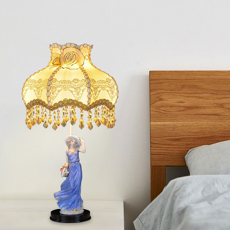 Ceramic Woman Night Light Pastoral 1 Bulb Beige Table Lamp with Scalloped Fabric Shade